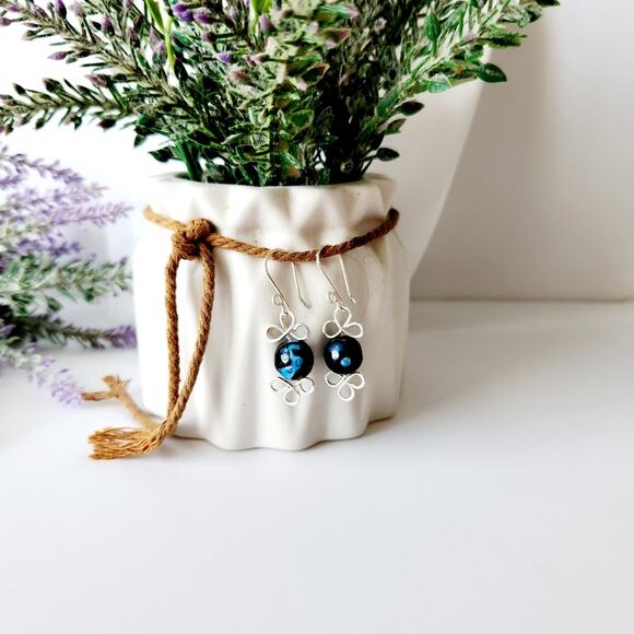 Agate Stone Beads Silver Wire Wrapped Dangle Earrings - Picture 8 of 9